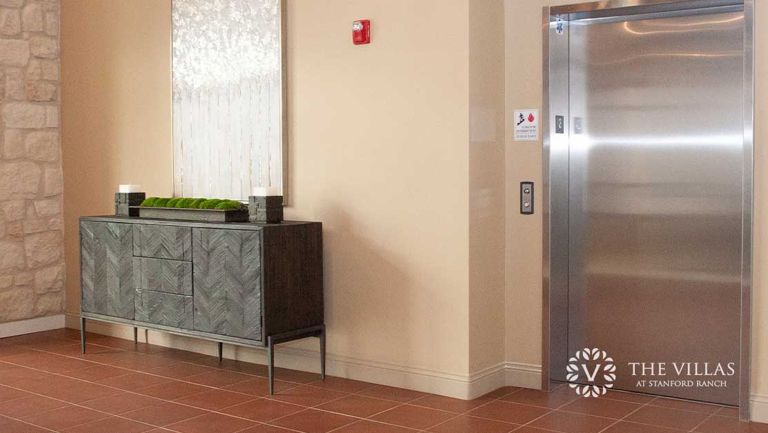 An image of the elevators at The Villas at Stanford Ranch. Learn more about this and other health and safety features at the facility.